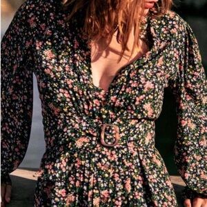 Floral V-Neck Belted Midi Dress in navy
